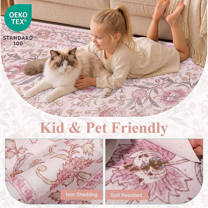 DUKINO 2x3 Rug, Washable Vintage Floral Bathroom Rugs Non Slip, Pink | Low Pile, Stain Resistant Boho Soft Indoor Door Mat, Small Front Door Carpet for Entryway Kitchen Laundry Bedroom Farmhouse