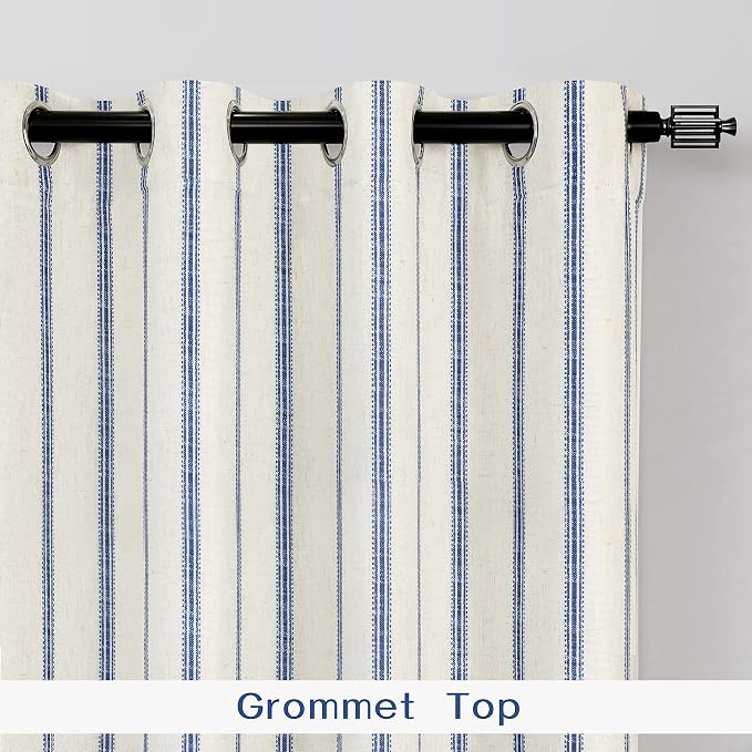 DriftAway Farmhouse Stripe Blackout Curtains, W52xL84, Navy Blue | Blackout, Linen Texture, Stripe Pattern, Grommet, Two Layers, Bedroom Living Room Use, Sound Reducing Design