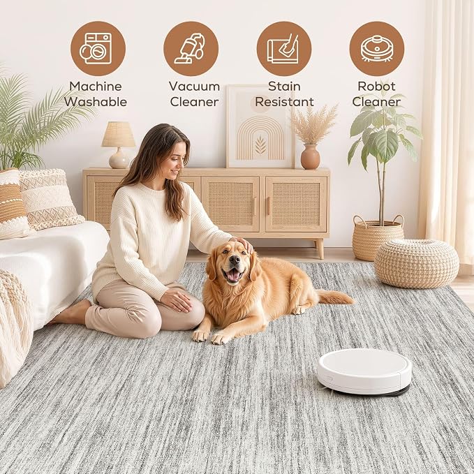 Nakagishi 10X12 Area Rugs Living Room: Washable Large Vintage Rug Neutral Non-Slip Soft Stain Resistant Indoor Carpet for Bedroom Nursery Dining Room Office Playroom - Grey