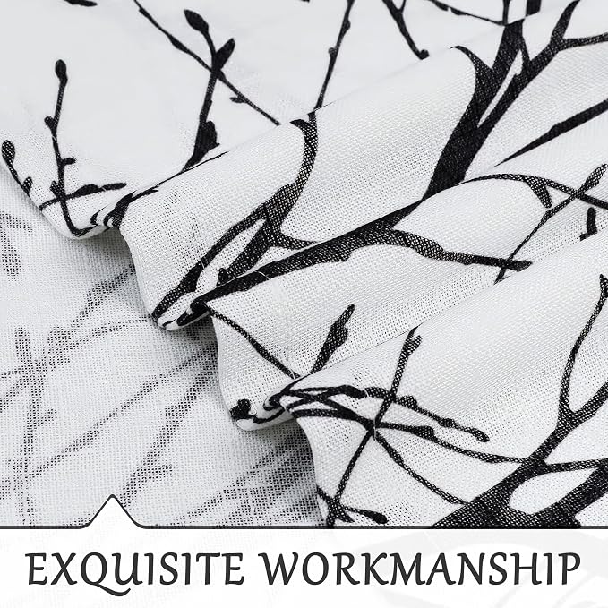 FMFUNCTEX Linen Black White Semi Sheer Print Curtains 54 Inch Long 2 Panels | Short Sheer Branch Patterned Drapes, Light Filtering Grommet Panels for Kitchen, Bathroom, Cafe Windows and Farmhouse Curtain