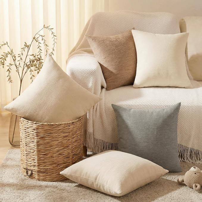 Set of 4 Neutral Throw Pillow Covers 22x22 Inch, Neutral Boho Farmhouse Aesthetic Decorative Pillow Cases for Couch, Sofa, Living Room & Bed, Soft Chenille Pillow Cases, Stylish Home Decor, 55x55 cm