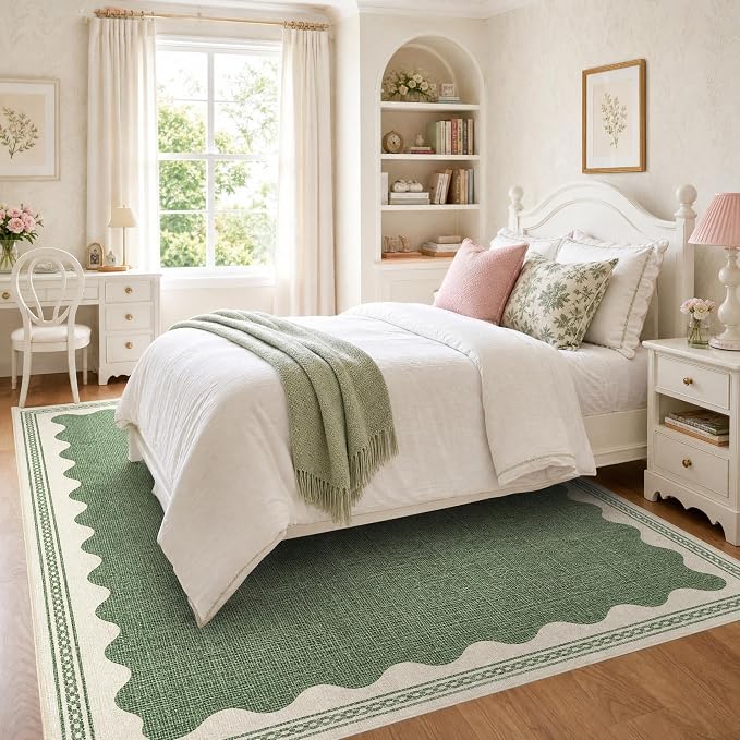 GarveeHome Scalloped Sage Green Washable Rugs 9x12 Rug for Living Room Non-Slip Solid Modern Minimalism 9 x 12 Rug Low-Pile Carpet for Bedroom Dining Nursery Mat with Rubber Back