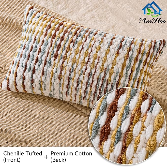 AmHoo Set of 2 Boho Chenille Pillow Cover Decorative Tufted Pillowcase for Couch Bed Sofa Bedroom Living Room Modern 12 x 20-Inch Brown