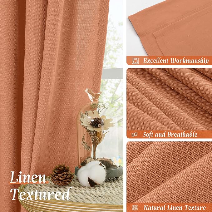 LAMIT Terracotta Linen Curtains 72 inches Long for Living Room, Soft Thick Semi Sheer Light Filtering Rod Pocket Window Treatments Fall Decor Drapes for Bedroom, 2 Panels Set, 52 x 72 Inch