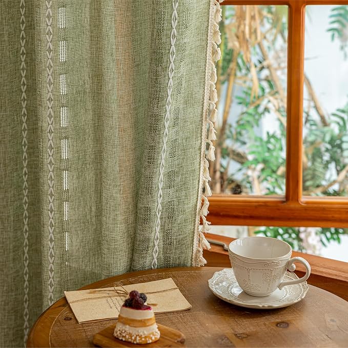 Sage Green Boho Semi Sheer Curtains 63 inch Length 2 Panel Set for Bedroom & Farmhouse, Bohemian Light Filtering Privacy Drapes Tassels Shabby Chic Christmas Window Curtains Back Tab & Rod pocket