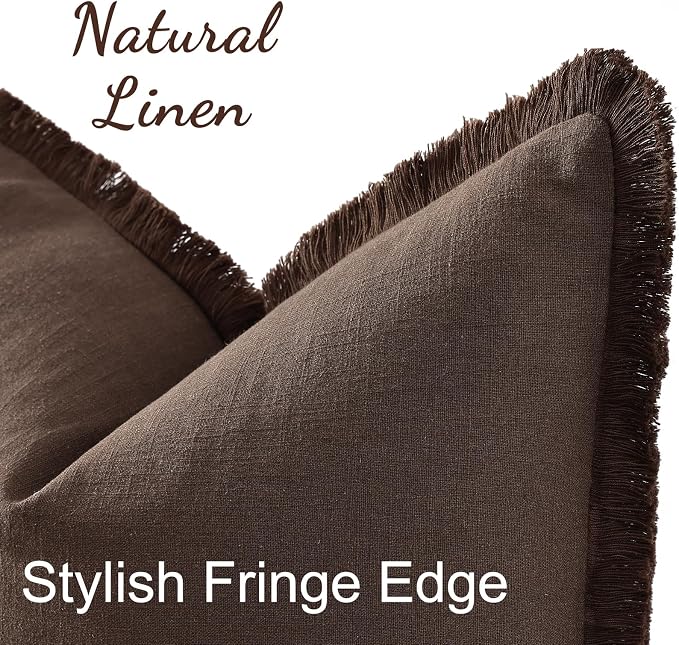 decorUhome Linen Fringe Chocolate Throw Pillow Covers 12x20 Set of 2 | Decorative Soft Accent Modern Boho Farmhouse Lumbar Cushion Covers with Tassels Cotton Pillow Covers for Couch Bed Sofa