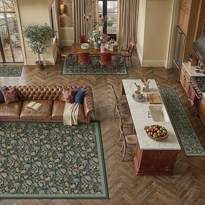 HUGEAR Retro Area Rugs 6x9 Washable Living Room Bedroom Rugs Vintage Floral Throw Carpet Dark Green Stain Resistant Non Slip Low Pile for Home Aesthetic Modern Decor