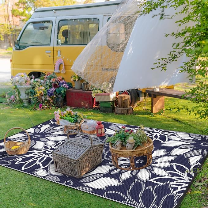 GENIMO Outdoor Rug, Waterproof Plastic Rugs for Patio, 6'x9' Sapphire White | Outside Larger Leaf Carpet Mat for Porch Decor, Deck, Balcony, Camping, RV, Backyard, Picnic, Beach, Reversible, Foldable