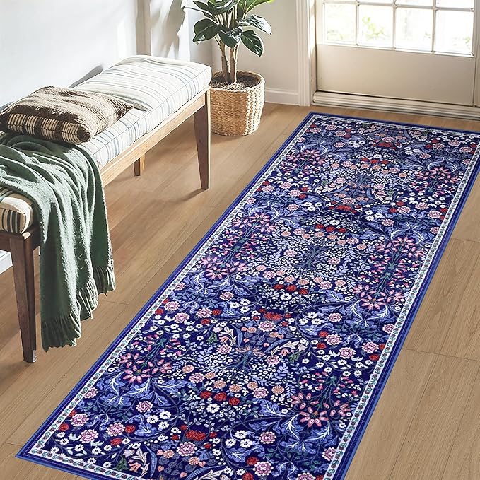 Runner Rug for Entryway: 2x5 Kitchen Rugs Non Slip Washable Ultra-Thin Soft Floral Carpet Indoor Floor Stain Resistant Carpets for Hallway Bedroom Kitchen Laundry Bathroom Dorm Blue
