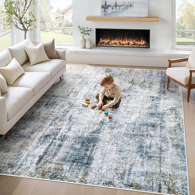 5x7 Area Rug for Living Room: Washable Abstract Soft Rugs Non Slip Modern Stain Resistant Low Pile Carpet for Dining Room Bedroom Nursery Office (Multi Blue, 5'x7')