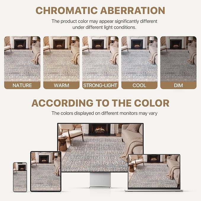 BESBLEE 5X7 Area Rugs Machine Washable Rugs for Living Room, Vintage Boho Large Rugs for Bedroom Dining Room, Non Slip Indoor Soft Distressed Lightweight Thin Low Pile Carpet, Blue Grey