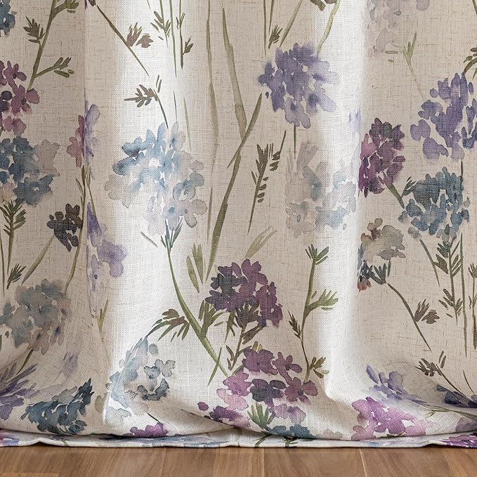 MYSKY HOME Floral Linen Curtains 72 inch Length 2 Panels Set for Bedroom Patterned Semi Sheer Light Filtering Privacy Farmhouse Grommet Drapes for Bedroom Small Window, 52" Wide Each Panel, Purple