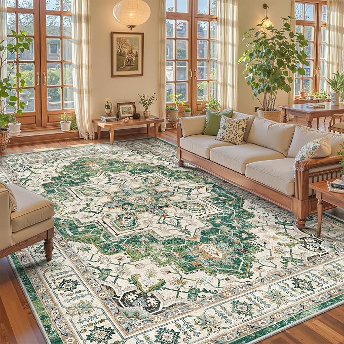 zesthome 9x12 Area Rugs,Stain Resistant Washable Rug,Ultra-Thin Rugs for Living Room,Bedroom,Non-Slip Backing Home Decor Large Area Rug (Green,9'x12')