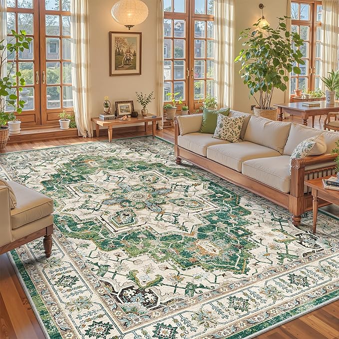 zesthome 8x10 Area Rugs,Stain Resistant Washable Rug,Ultra-Thin Rugs for Living Room,Bedroom,Non-Slip Backing Home Decor Large Area Rug (Green,8'x10')