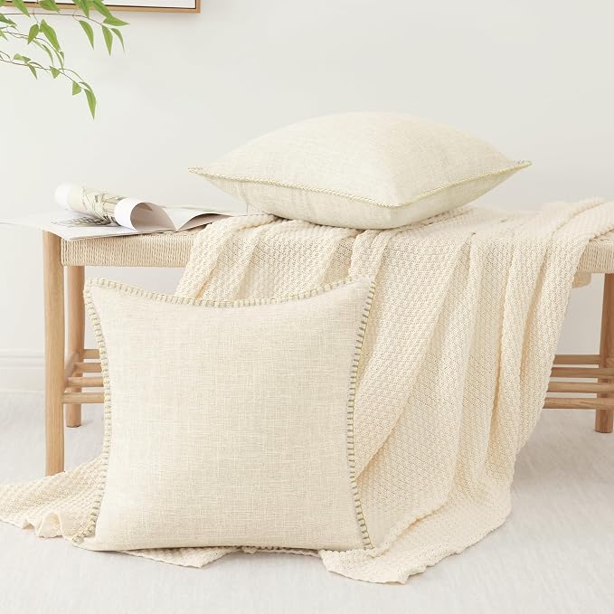 decorUhome Cream Faux Linen Outdoor Throw Pillow Covers 18x18 Set of 2 | Fall Decorative Textured Neutral Modern Farmhouse Pillow Covers with Stitched Edge for Couch Sofa Bed Living Room