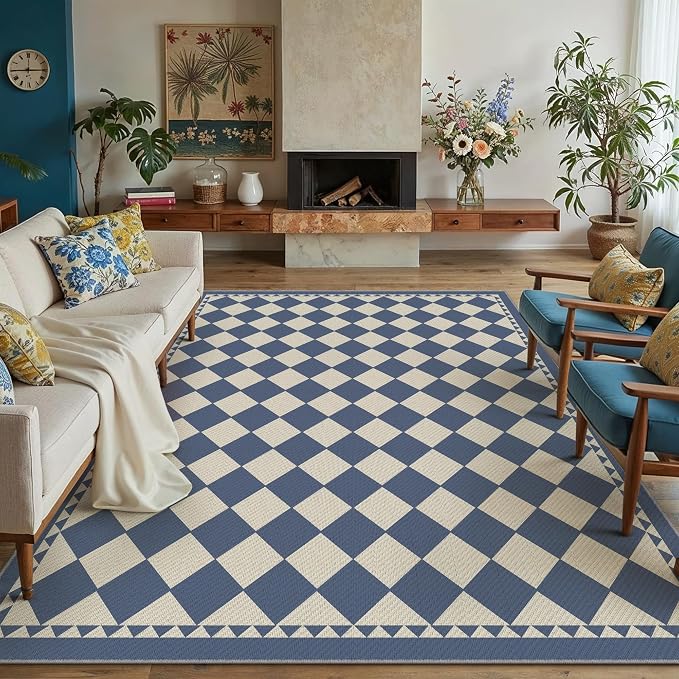 HUGEAR 8'x10' Outdoor Rug Blue Patio Checkered Waterproof Linen-Look Outside Floor Mat Carpet Area Rug for Deck Porch Balcony Backyard Camping RV Picnic Beach Home Decor