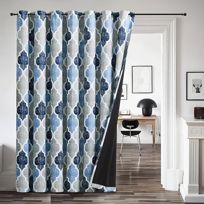 Beauoop Moroccan 100% Blackout Sliding Door Curtains Blue Grey 100x84 1 Set | Geometric Room Darkening Patio Curtains Extra Wide Room Divider Drapes Thermal Soundproof Lattice Window treatment Grommet