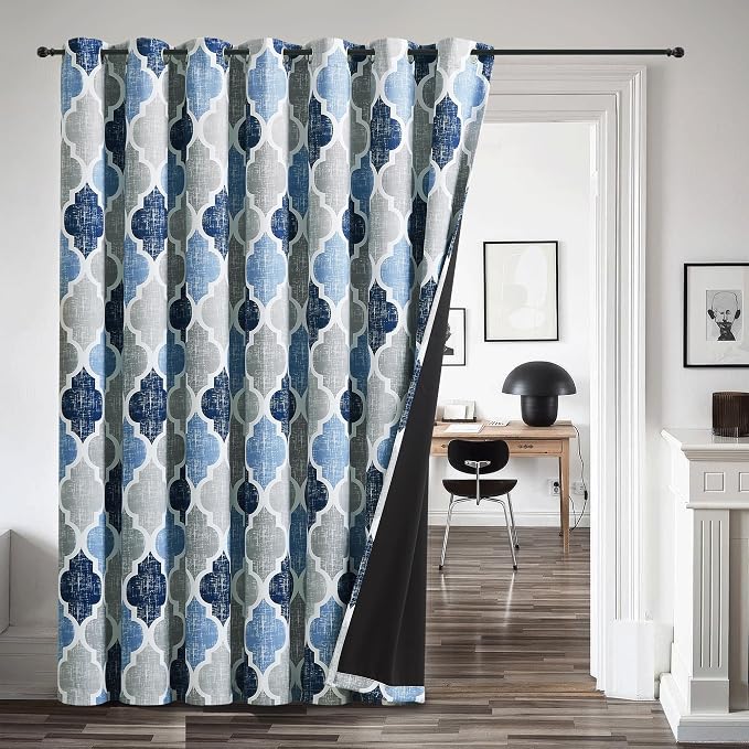 Beauoop Moroccan 100% Blackout Sliding Door Curtains Blue Grey 100x96 1 Set | Geometric Room Darkening Patio Curtains Extra Wide Room Divider Drapes Thermal Soundproof Lattice Window treatment Grommet