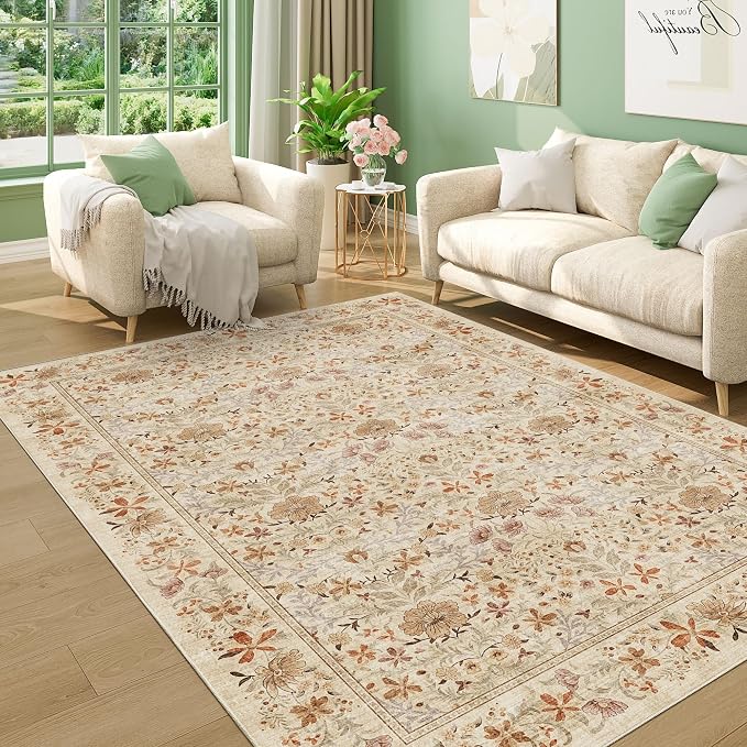 DUKINO 5x7 Area Rugs, Vintage Floral Washable Rug for Living Room, Beige | Non Slip, Low Pile, Soft, Lightweight, Boho Indoor Carpet for Bedroom, Office, Dining Room, Dorm Room, Farmhouse, Home Decor