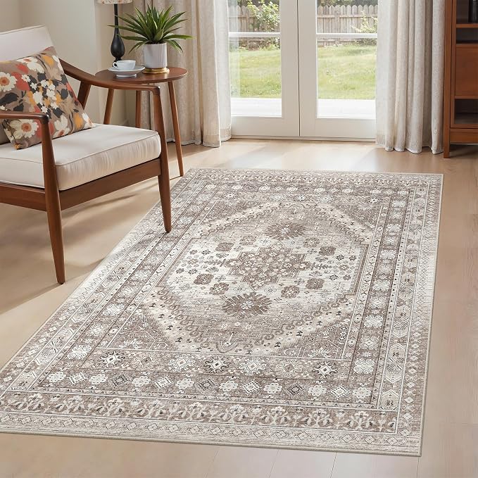 befbee 3x5 Rug, Ultra-Thin Area Rugs for Living Room,Non-Slip Lightweight Washable Rug for Bedroom,Kitchen,Entryway,Stain Resistant Small Carpet (Brown/Beige, 3'x5')