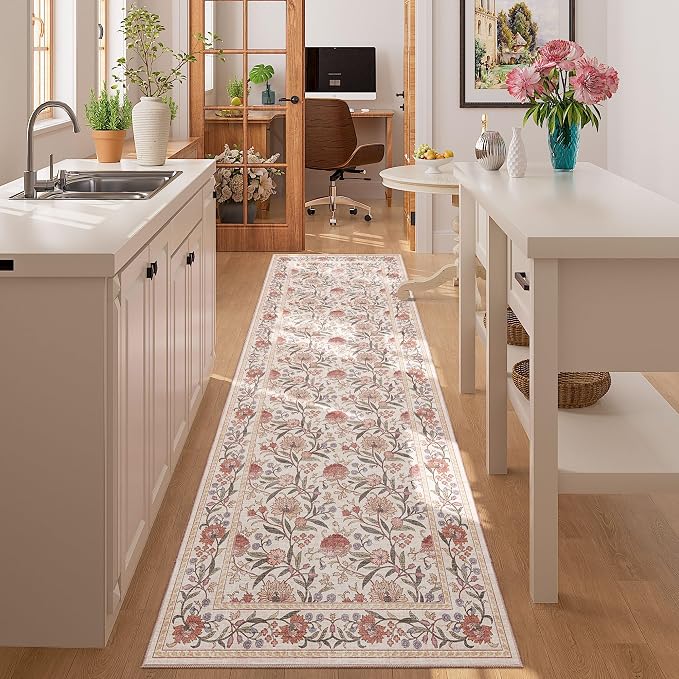 DUKINO 2x6 Runner Rug, Washable Vintage Floral Kitchen Rug, Beige Pink | Non Slip, Low Pile, Non-Shedding, Stain Resistant Soft Carpet Runner for Hallway Bathroom Entryway Bedroom Laundry Farmhouse