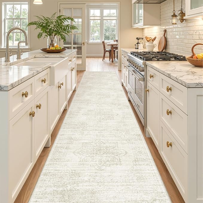 2x10 Runner Rug Non Slip,Washable Hallway Runner Rug,Beige | Long Neutral Rugs for Kitchen,Entryway,Bedroom,Bathroom,Laundry Room,Thin,Soft Runner Rug,Stain Resistant Indoor Carpet