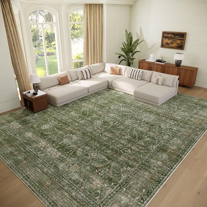 Boho Washable 10x14 Area Rugs for Living Room, Cushioned, Grass Green | Vintage Non-slip Neutral Oriental Rugs for Bedroom Dining Room Nursery Office High Traffic Area