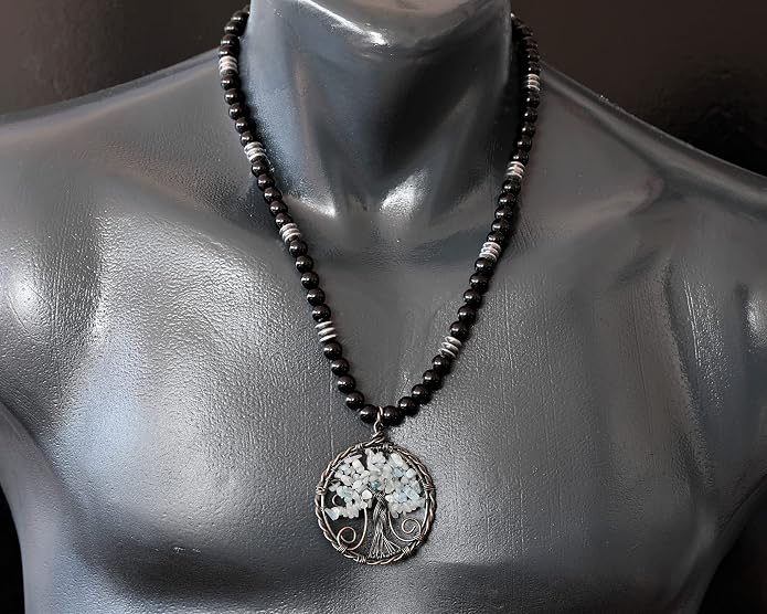 ElisaJewelryArt - Natural Amethyst Big Tree Of Life Pendant Black Onyx Stone Beaded Necklace Genuine Gemstone Feng Shui Stone Clasp Closure Necklace Unisex Necklace