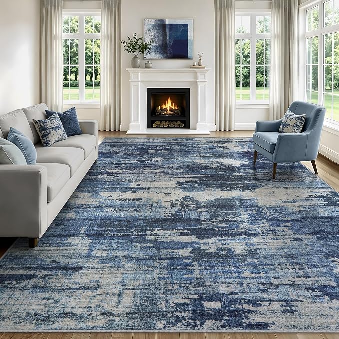 10x14 Area Rugs Living Room Rug Modern Abstract Neutral Washable Rugs Non Slip Soft Carpet Large Area Rug Low Pile Stain Resistant Non Shedding for Bedroom Nursery Dining Room Home Office Navy Blue