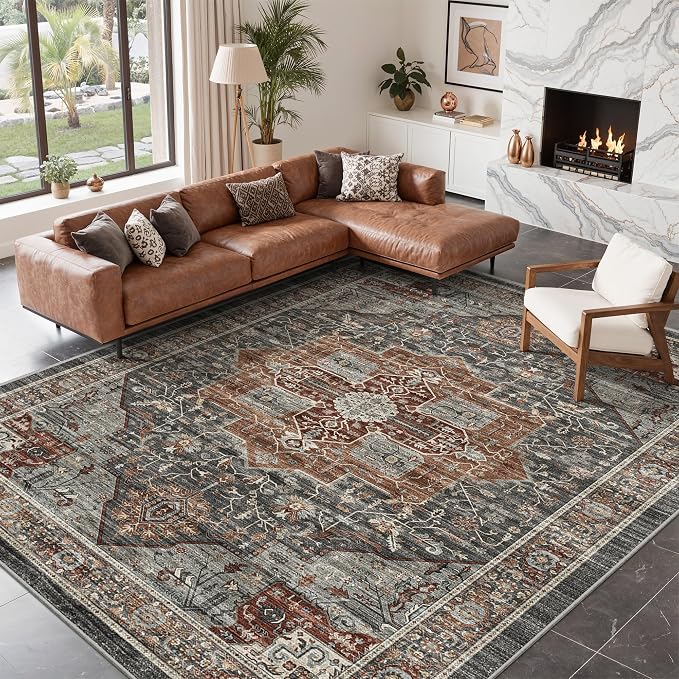 Roxstand 8x10 Washable Area Rugs, Vintage Non Slip Rug, Grey/Brown/Tan | Low Pile, Non-Slip Backing, Stain Resistant, Pet & Kid Friendly, Carpet for Living Room Bedroom Dining Room Home Decor