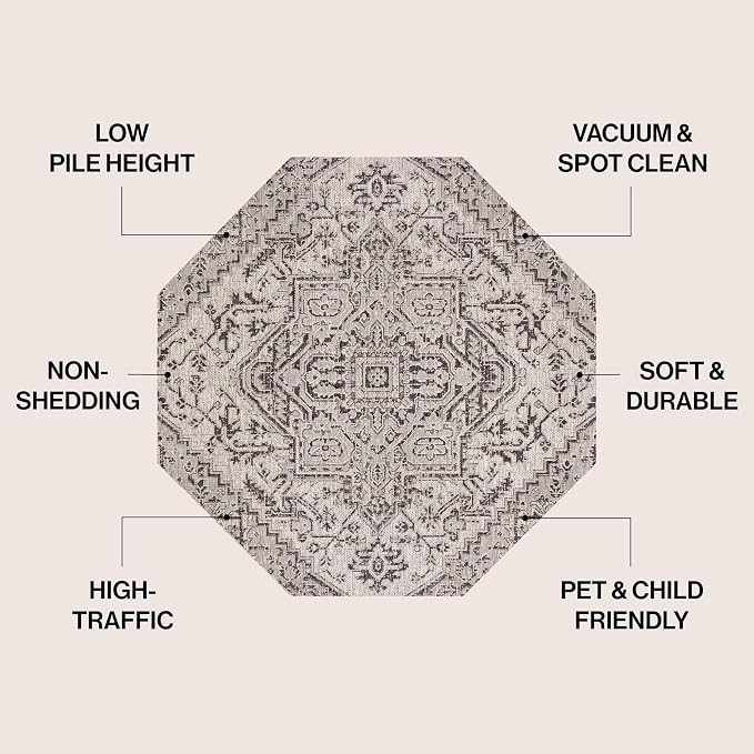 JONATHAN Y Boho Medallion Indoor Outdoor Octagon Area Rug 5 Ft Black/Gray, Estrella Textured Weave for Backyard, Patio, Porch, Easy-Cleaning, High Traffic, Pet-Friendly, Non-Shedding (SMB105D-5TGN)