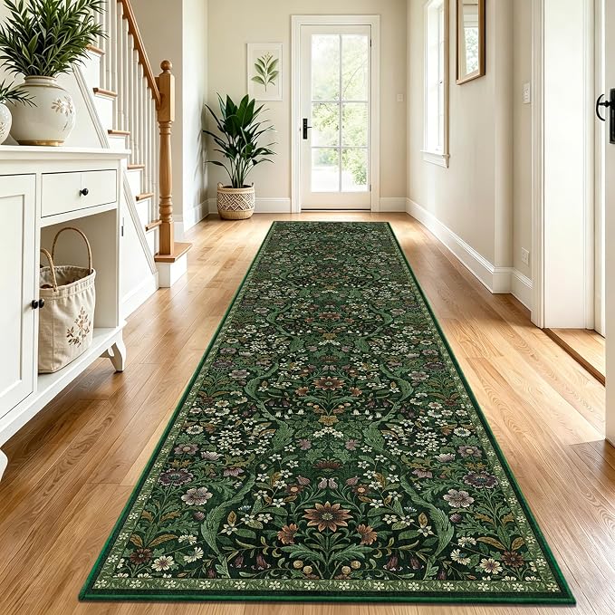 3x12 Washable Runner Rug,Dark Green Floral Long Rugs for Hallway,Low-Pile Non-Slip Stain Resistant Boho Carpet for Kitchen, Bedside,Laundry Room,Entryway
