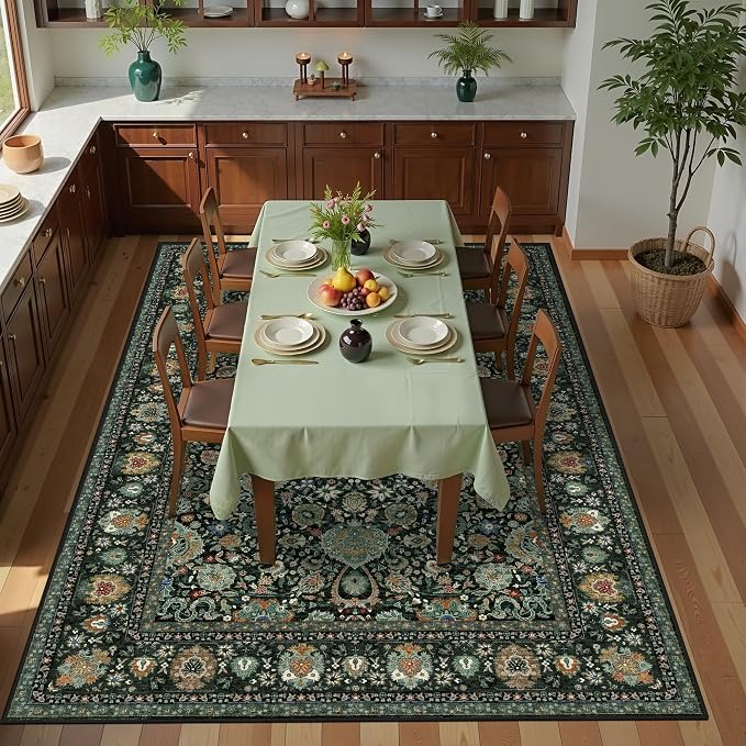 Dark Green Floral Living Room Rug 5x7 Washable Rugs Boho Vintage Oriental Large Foldable Faux Wool Carpet for Bedroom Nursery Room Dorm Kids Playroom Home Office