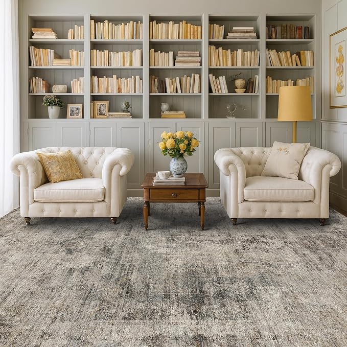 Hazo Haus 5x8 Dark Rug for Living Room, Vintage Unique Area Rug for Mudroom, Home Office, Dining Room, Washable Non Slip Brown Taupe Décor