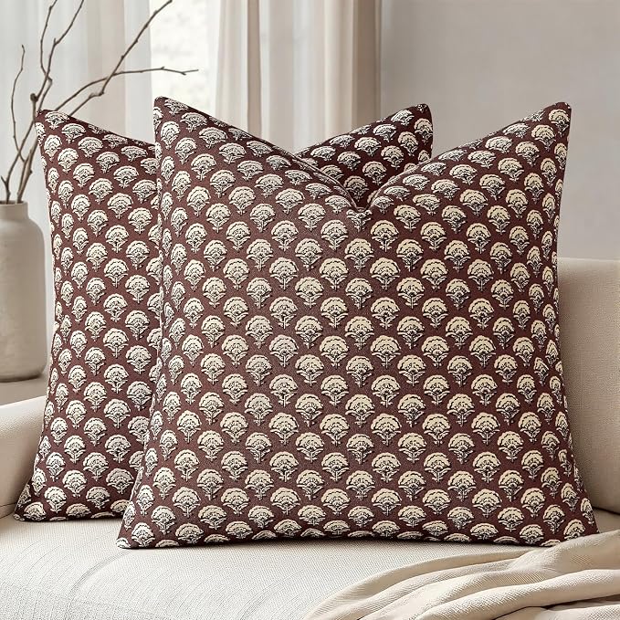 MIULEE Set of 2 Decorative Floral Pillow Covers Neutral Vintage Throw Pillows Block Print Boho Farmhouse Cushion Covers for Modern Spring Home Decor Couch Sofa Living Room, 20x20 Inch, Withered Rose