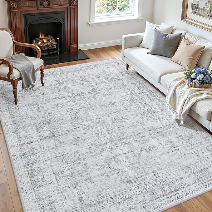 4x6 Area Rugs for Living Room: Vintage Boho Neutral Washable Rug Indoor Soft Large Area Rug Carpet for Bedroom Nursery Farmhouse Dining Room Office Floor Non-Slip Low Pile Under Table Rug Gray