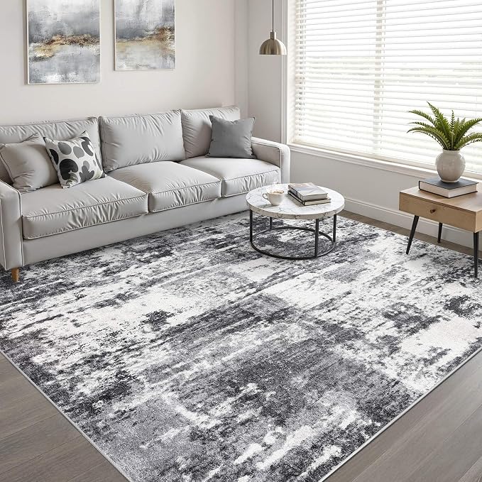8x10 Area Rugs Living Room: Washable Large Neutral Rug Abstract Soft Modern Stain Resistant Indoor Floor Non-Slip Carpet for Bedroom Nursery Kids Office Playroom Dining Room Under Table- Black White