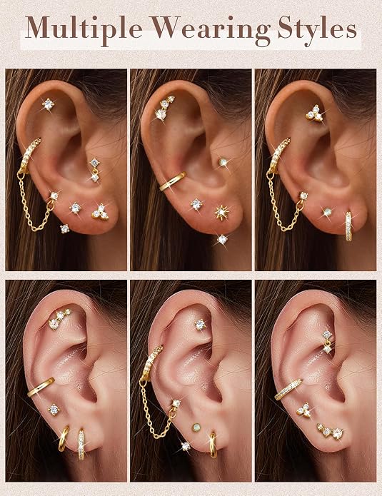 Florideco Small Stud Hoop Earrings for Women Hypoallergenic 14K Gold Plated Surgical Stainless Steel Flat Back Earrings Dainty Hoop Stud Earring Stacks Cartilage Earring Set for Multiple Piercing