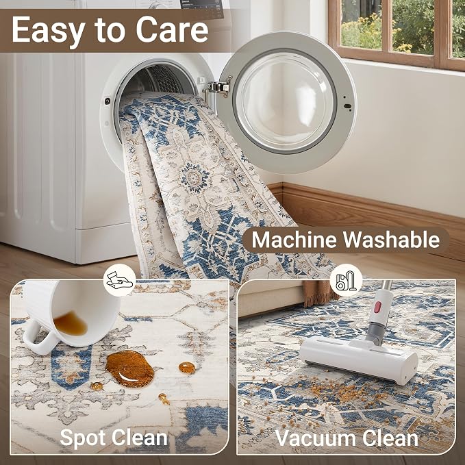 befbee 6x9 Area Rug for Living Rooms, Stain Resistant Neutral Washable Rugs for Dining Rooms, Floral Vintage Non-Slip Thin Large Size Area Rugs(Blue)