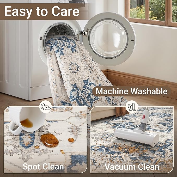 befbee 8x10 Area Rug for Living Rooms, Stain Resistant Neutral Washable Rugs for Dining Rooms, Floral Vintage Non-Slip Thin Large Size Area Rugs(Blue)