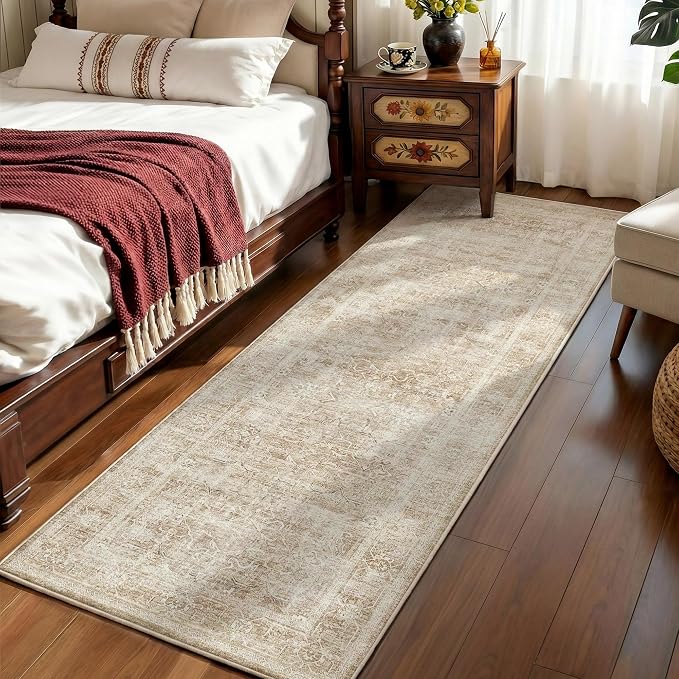 Beauoop 2x5 Hallway Runner Rug Washable Beige Neutral Vintage Distressed | Cream Retro Non Slip Low Pile Oriental Soft Thin Indoor Carpet Rug Entryway Entrance Kitchen Laundry Bedroom Bathroom Bedside