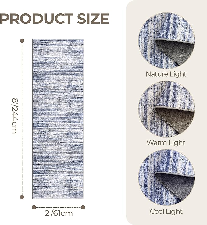 2x8 Runner Rug Non Slip,Washable Hallway Runner Rug,Blue | Neutral Rugs for Kitchen,Entryway,Bedroom,Bathroom,Nursery Room,Thin,Soft Runner Rug,Stain Resistant Indoor Carpet