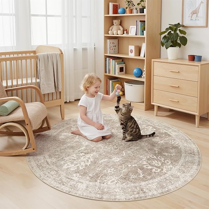 Madane Washable Round Rug 6ft for Living Room, Soft Ultra-Thin Non-Slip Vintage Floral Circle Area Rug, 6x6 Round Throw Carpet for Entryway Nursery Bedroom Kitchen Dining Room (Brown/Sand, 6'Round)