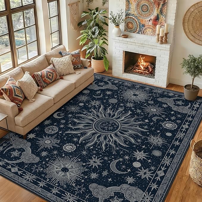 Vacuum-Friendly, 9x12 Washable Area Rug, Blue Gray White | Sun and Moon Boho Gothic Non-Slip Low Pile Living Roon Bedroom Dining Room Kitchen Entry Entryway Entrance Hallway Doormat