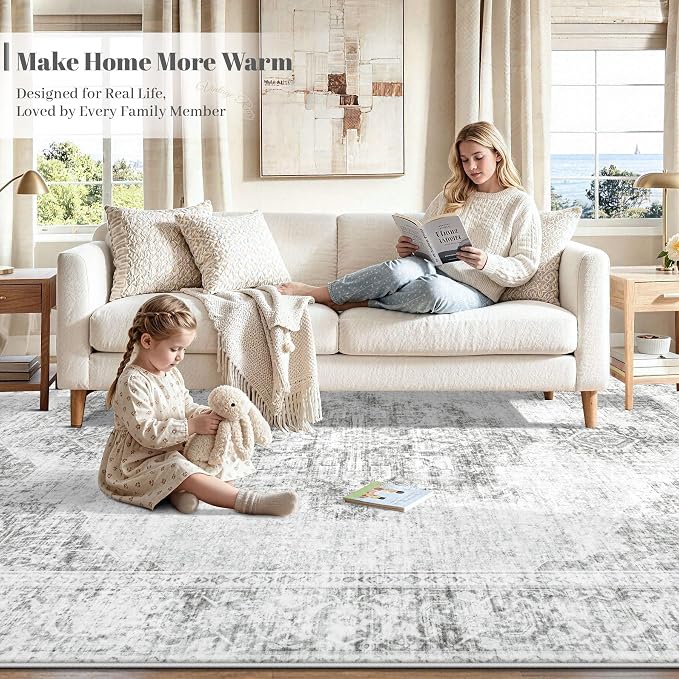 9X12 Area Rugs for Living Room, Washable Rugs Gray Vintage Medallion Non-Slip Soft Low Pile Rug Large Indoor Retro Carpet for Bedroom Dining Room Home Office Nursery Room(Gray,9'x12')