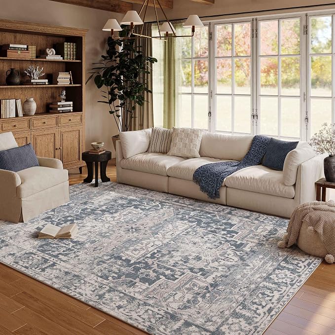 Rugxara Blue Area Rugs 5x7 Washable Rug for Living Room Bedroom | Non Slip, Rug for Dining Room Office Farmhouse Dorm, Stain Resistant, Soft, Vintage Boho Retro Carpet, Low Pile, Home Decor