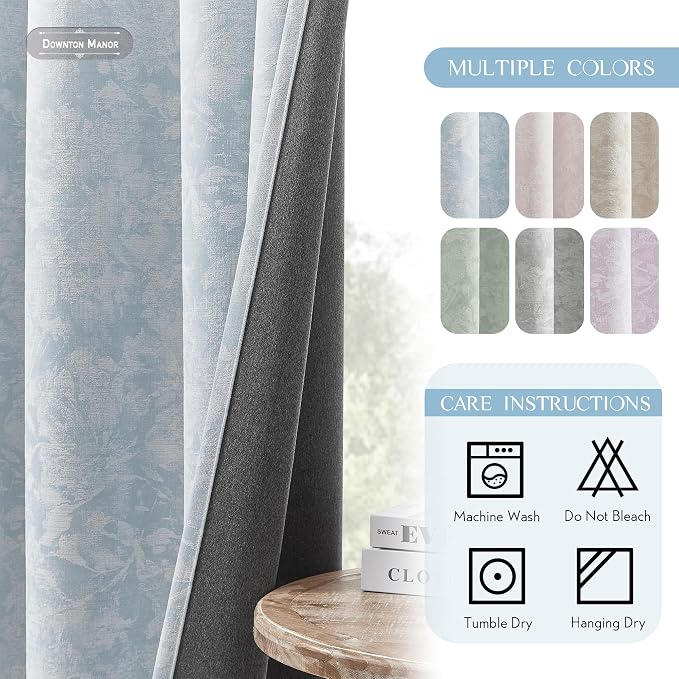 Beauoop Blue Floral Jacquard Blackout Curtains for Bedroom 52x84 2 Panels | Flower Chenille Room Darkening Drapes for Living Room 84 Inch Long Thermal Insulated Soundproof Window treatment Grommet