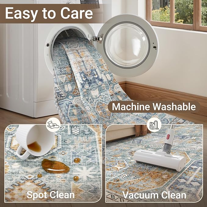 befbee 6x9 Area Rugs for Living Room - Stain Resistant Machine Washable Rugs for Bedroom,Non-Slip Backing Large Area Rug (Blue/Gold, 6'x9')