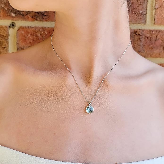 Natural gemstone 8mm round pendant with white gold over 925 sterling silver bezel cabochon plate and box chain, real genuine dainty birthstone gift for her, uniquelan jewelry