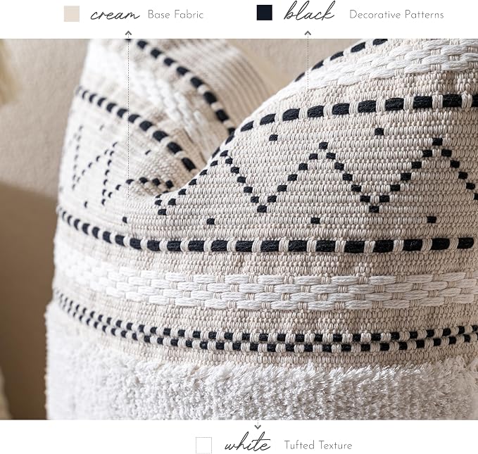 BlissBlush Decorative Throw Pillow Covers 20x20 Combo Set of 2 Square Boho Black Neutral Accent Pillowcase Tassels Farmhouse Cushion for Couch Sofa Bedroom Living Room Home Décor Cover ONLY